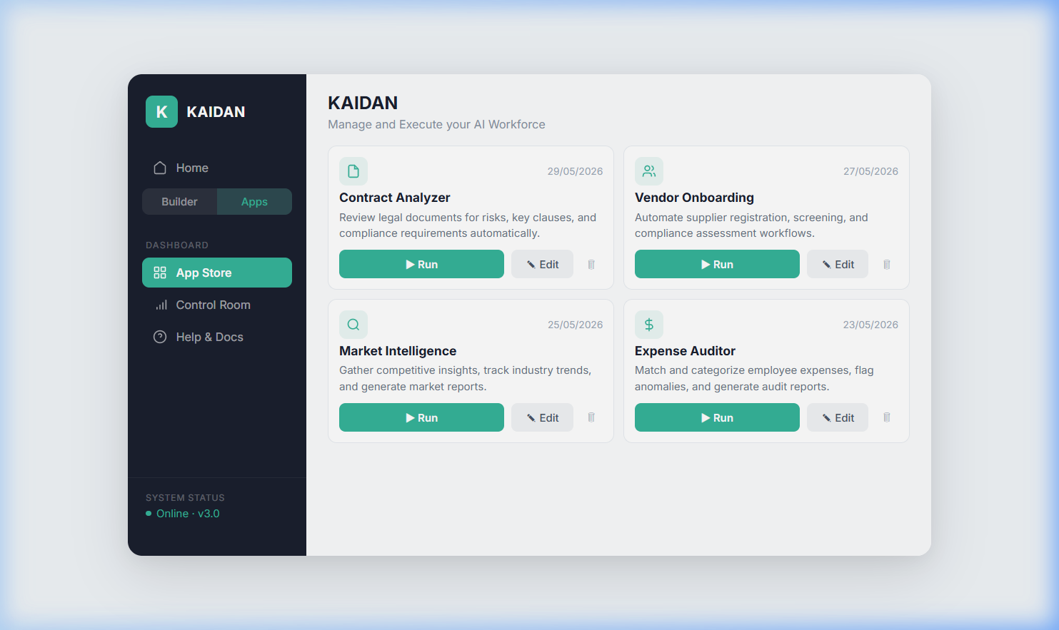 KAIDAN marketplace preview — AI business process cards